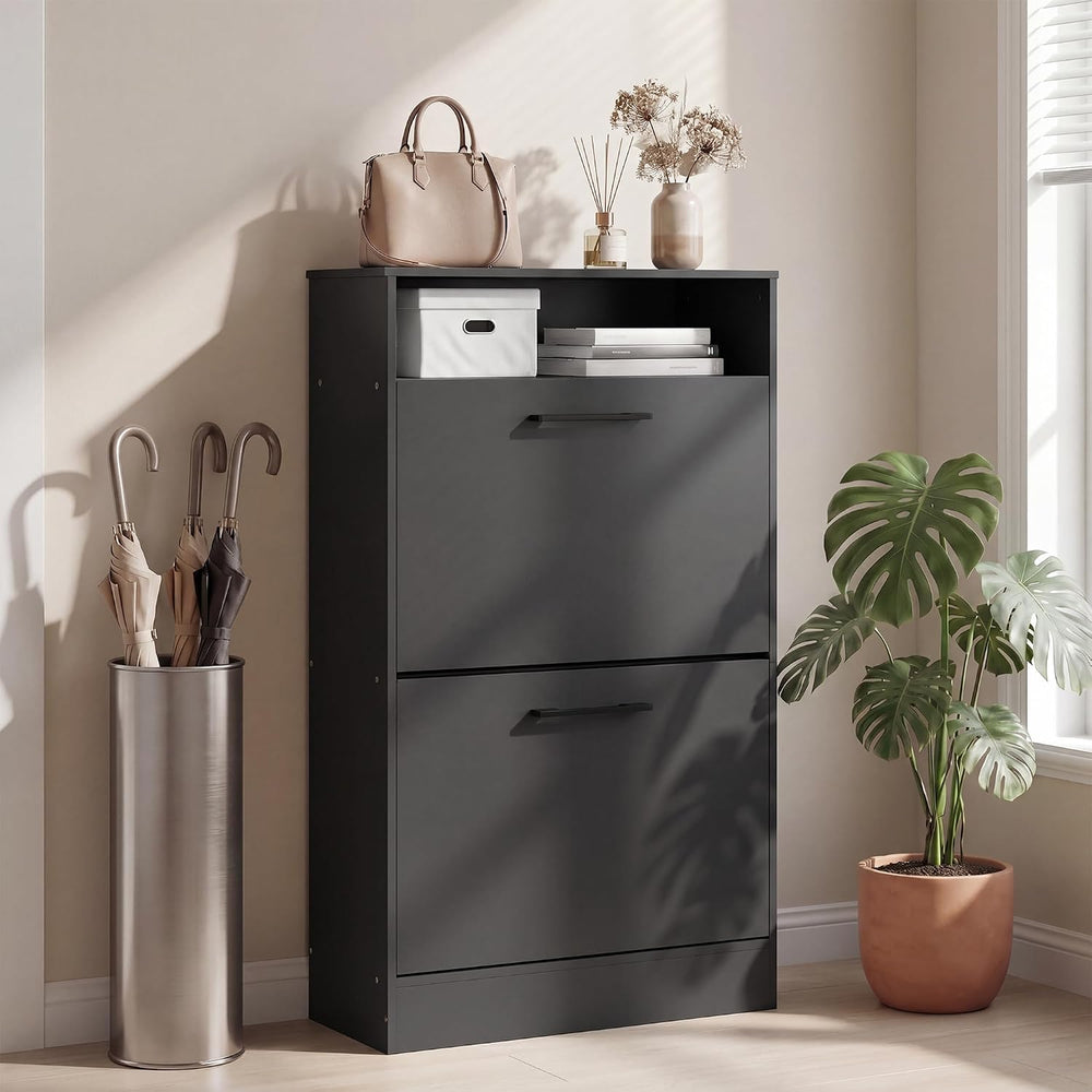 HOMCOM Shoe Cabinet with 2 Flip Drawers, Open Shelf, up to 12 Pairs, Black