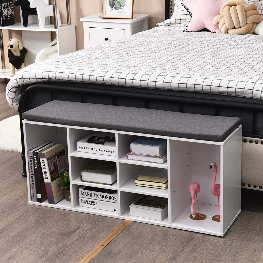 KOTEK Wooden Shoe Bench with Cushion, 10-Cube Shoe Rack Cabinet w/Adjustable ...