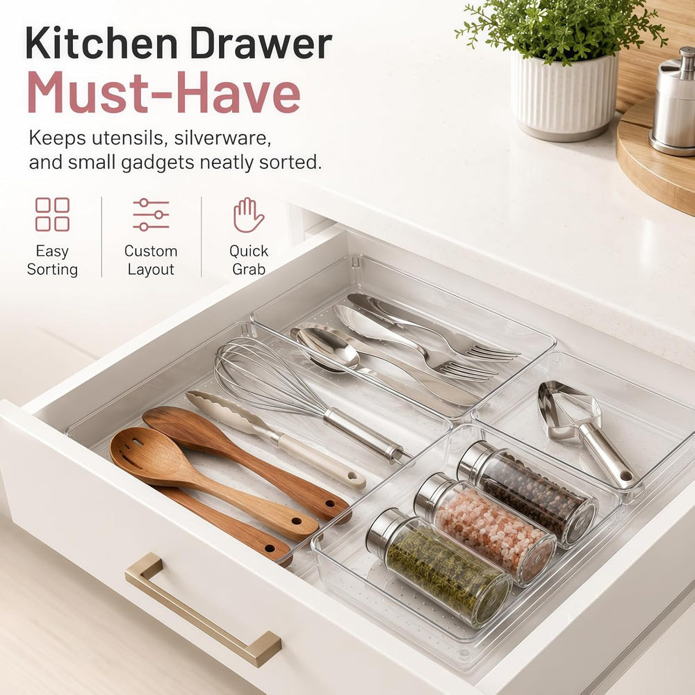12 Pack Large Drawer Organizer Bins - Clear Plastic Bathroom Drawer Organizer...