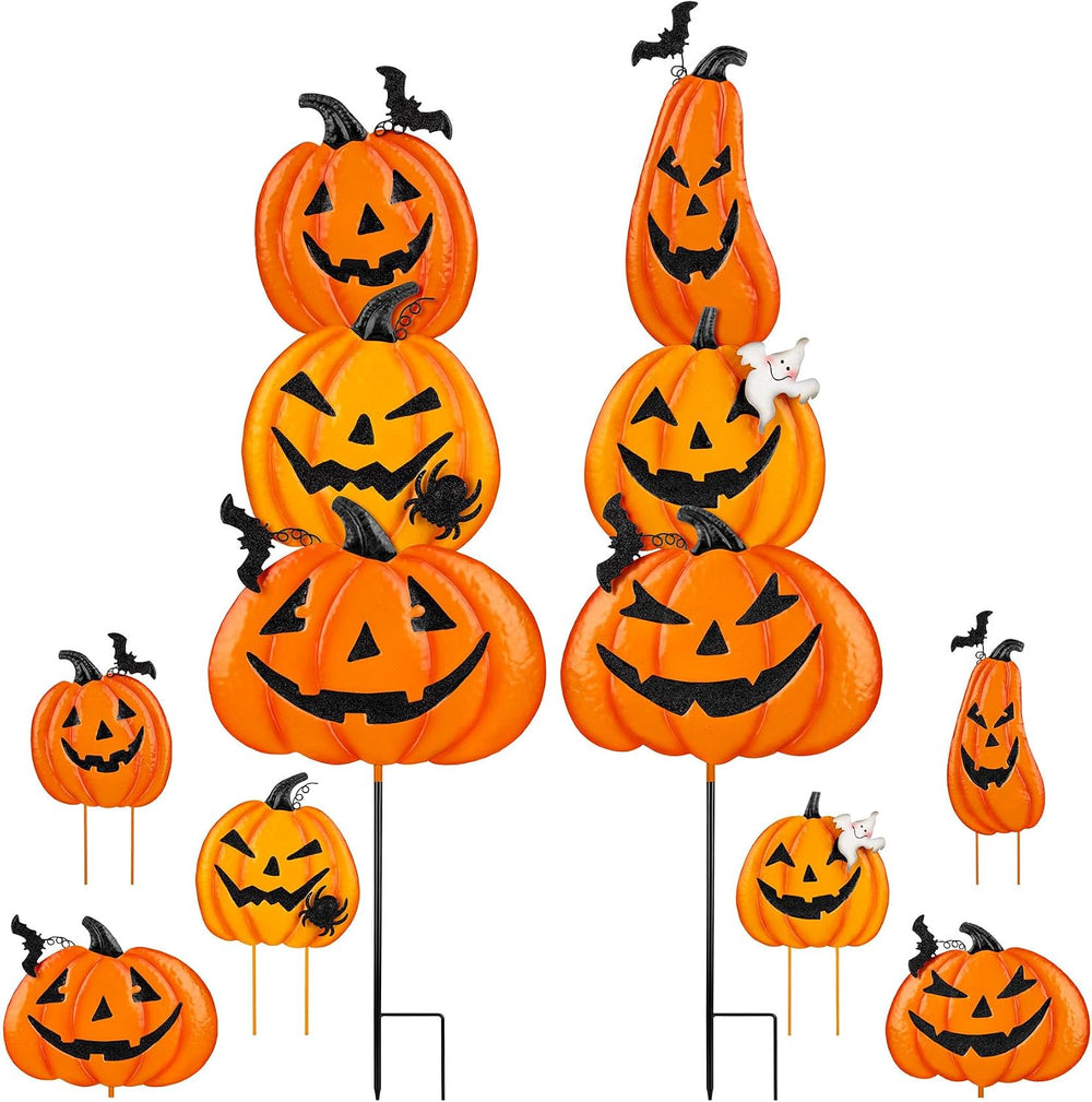 2 Pack Halloween Garden Stakes - Stacked Metal Pumpkins Jack-o-Lantern Lawn D...