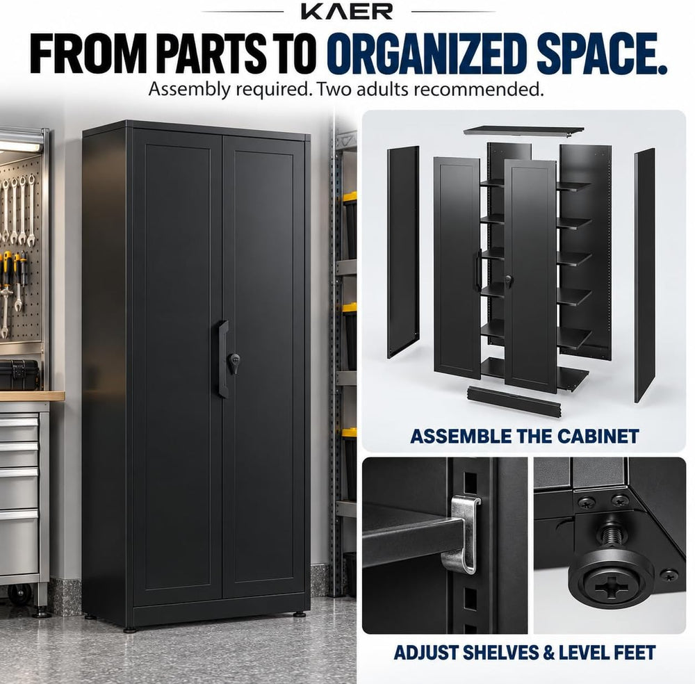 KAER 71" Metal Garage Storage Cabinet with Combination Lock, Black