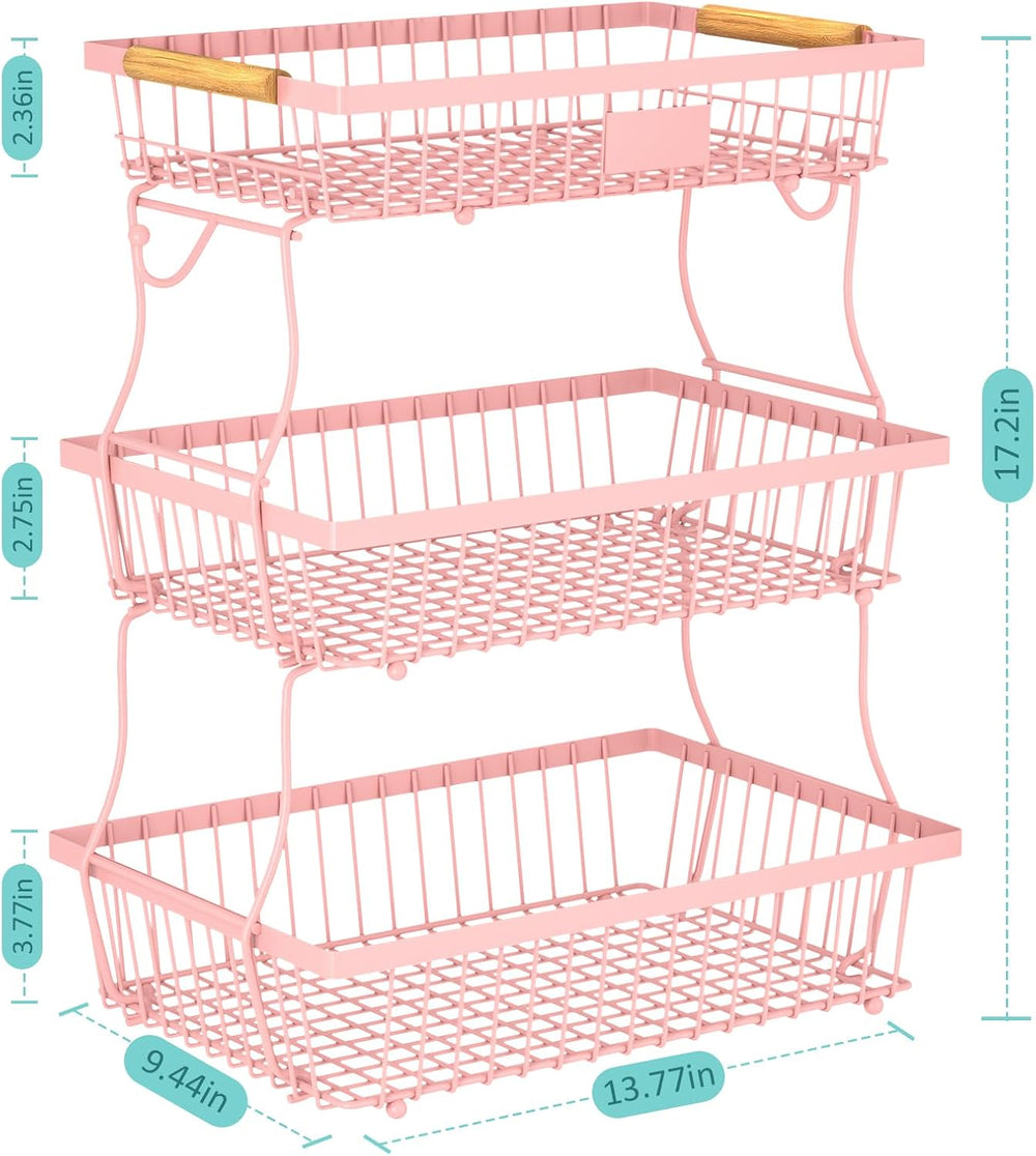 3 Tier Fruit Basket for Kitchen Counter with 2 Banana Hangers, Countertop Met...