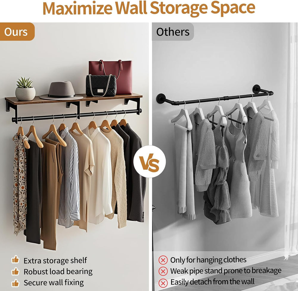 Luxspire 43.3" Wall Mount Clothes Rack with Wood Top Shelf Hanging Clothes