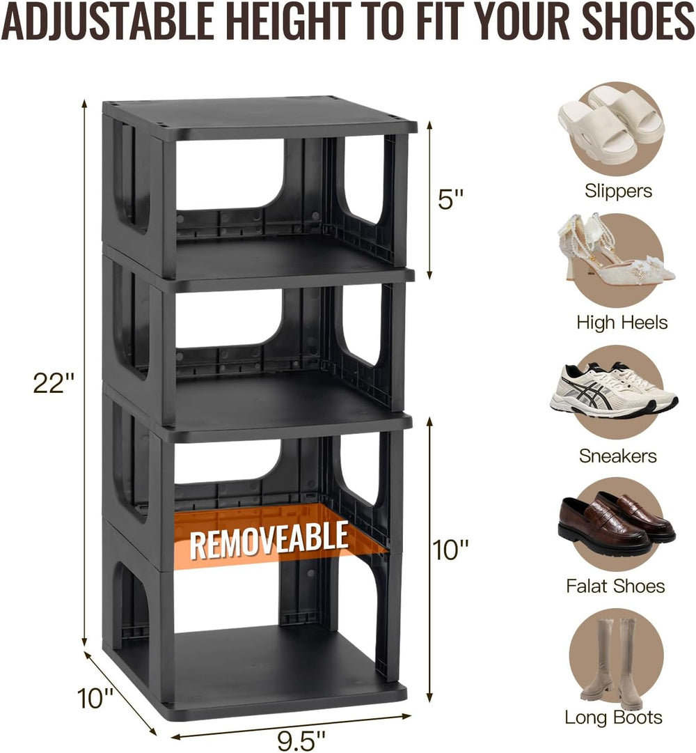 TRZZ 10-Tier Shoe Rack, Narrow Stackable Organizer, Black