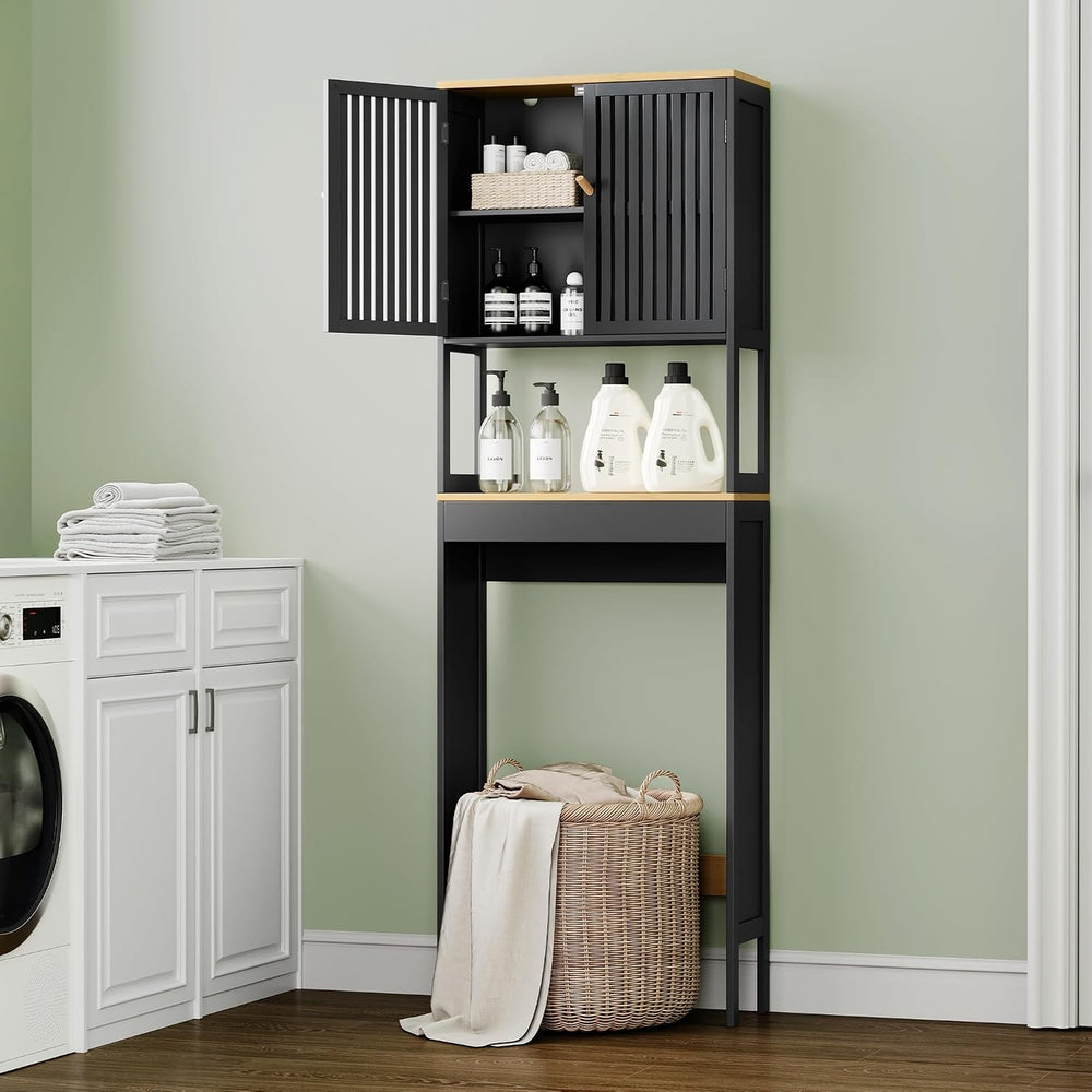 24" x 70" Over-the-Toilet Storage Cabinet with Bamboo Doors, Black