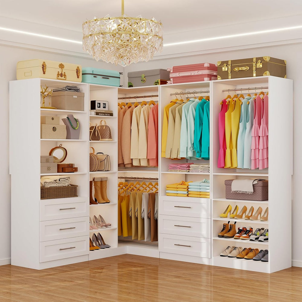 Closet System with 6 Drawers, Corner Closet System with 15 Shelves & 8 Ha...