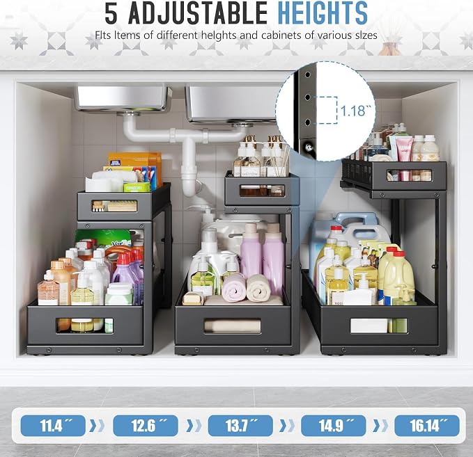 2 Pack 20.47IN Depth Under Sink Storage Organizer, Large 2-Tier Elegant Mesh