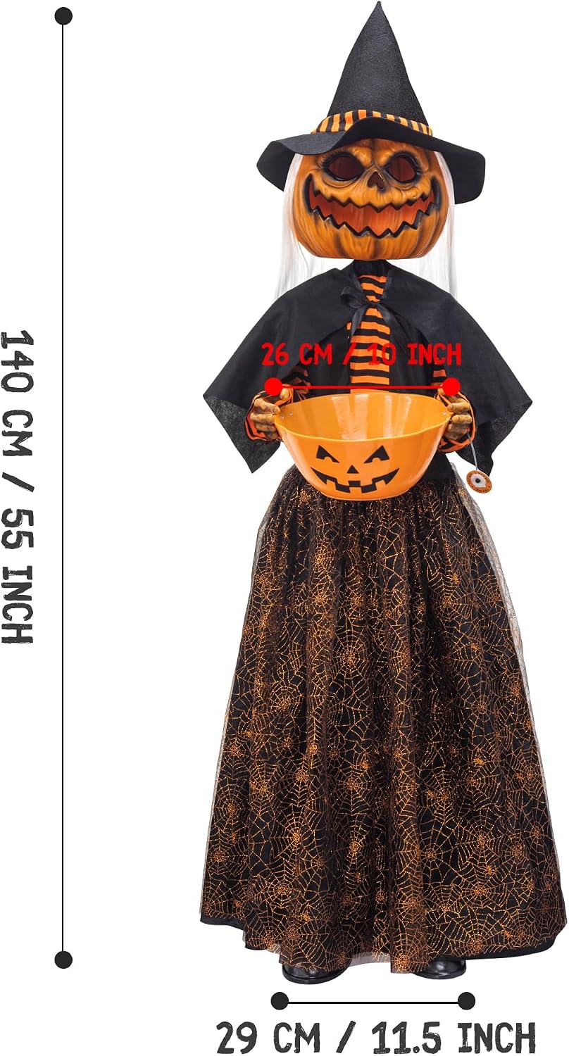 ITART 4.5ft Animated Pumpkin Scarecrow with Candy Bowl Prop Pumpkin Halloween...