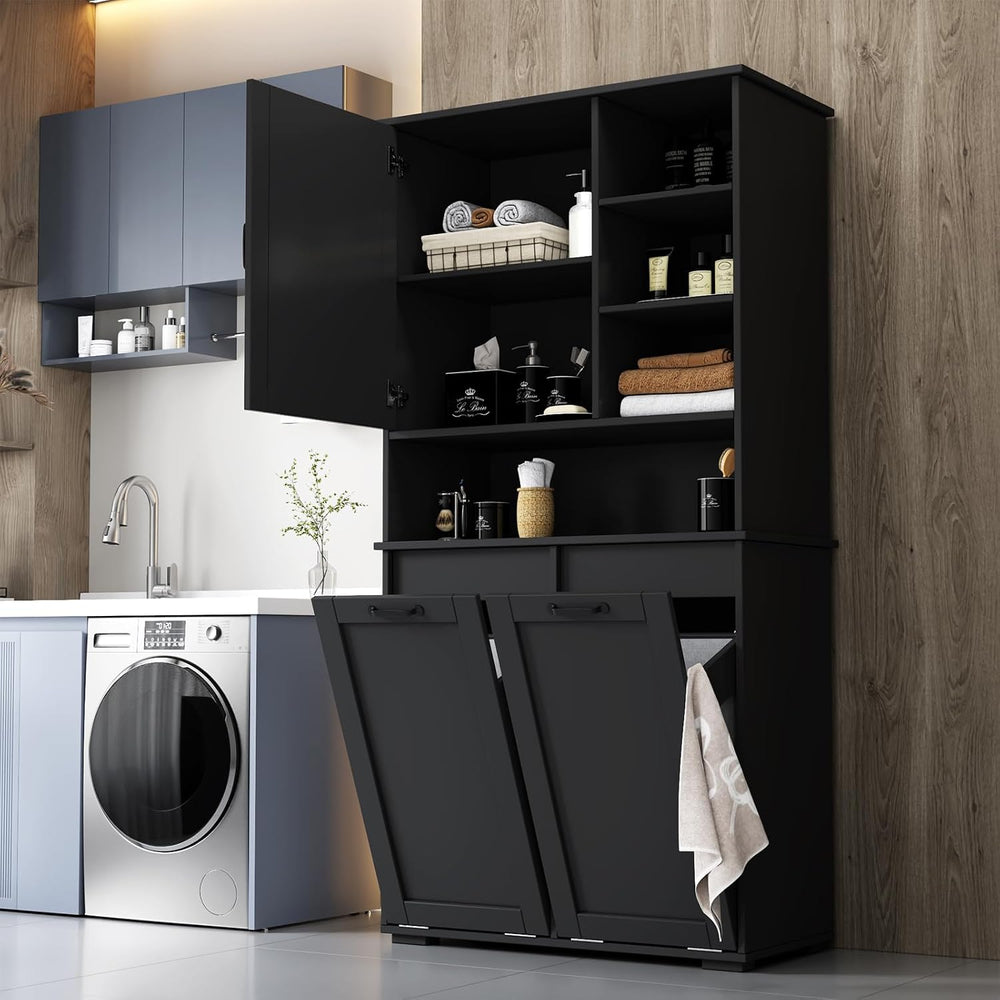Tall Laundry Cabinet with Double Tilt Out Laundry Hamper, Freestanding Floor ...