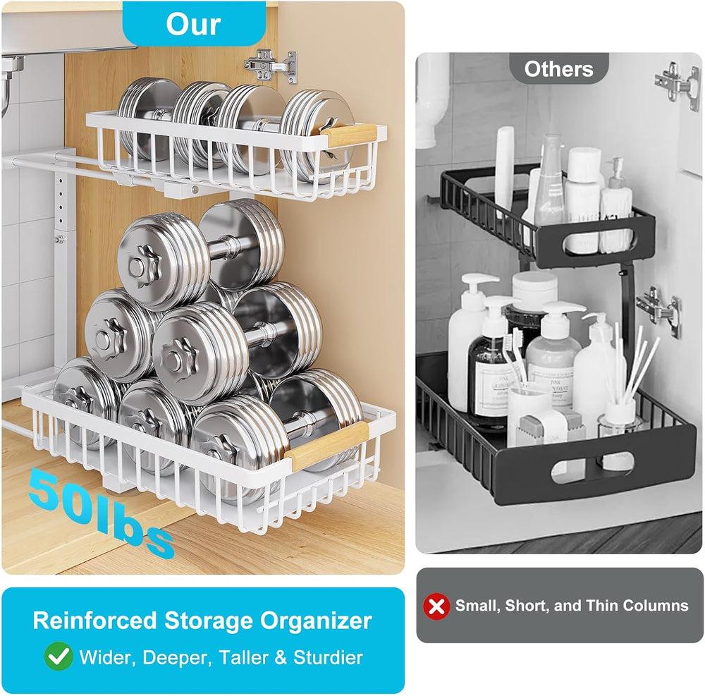 2 Pack Under Sink Organizer, 2-Tier Adjustable Height Slide Out Shelf,White