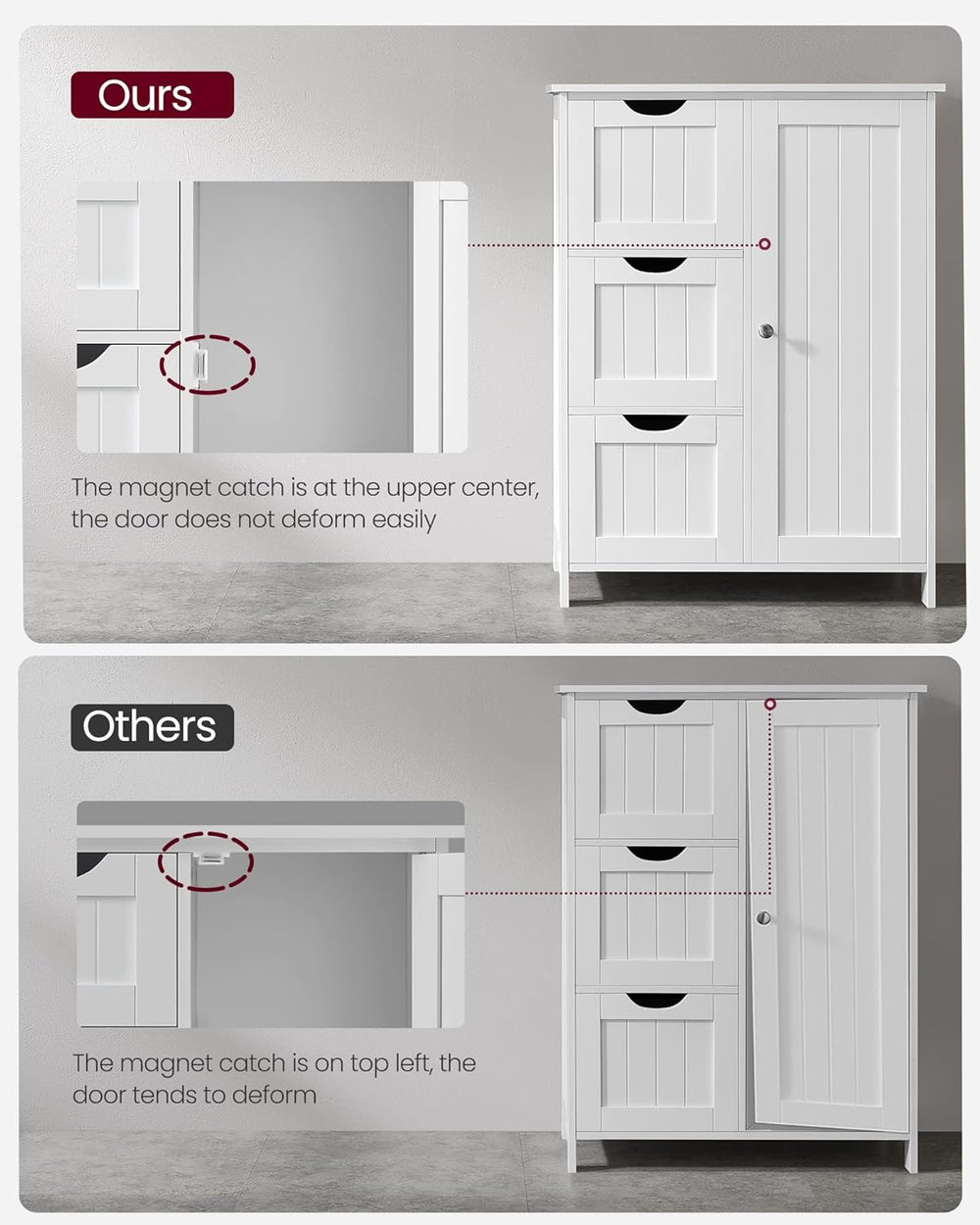 VASAGLE Bathroom Floor Storage Cabinet, 3 Drawers, Cloud White