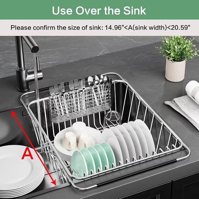 Large Sink Dish Drying Rack, Expandable 304 Stainless Steel Metal Dish Drainer