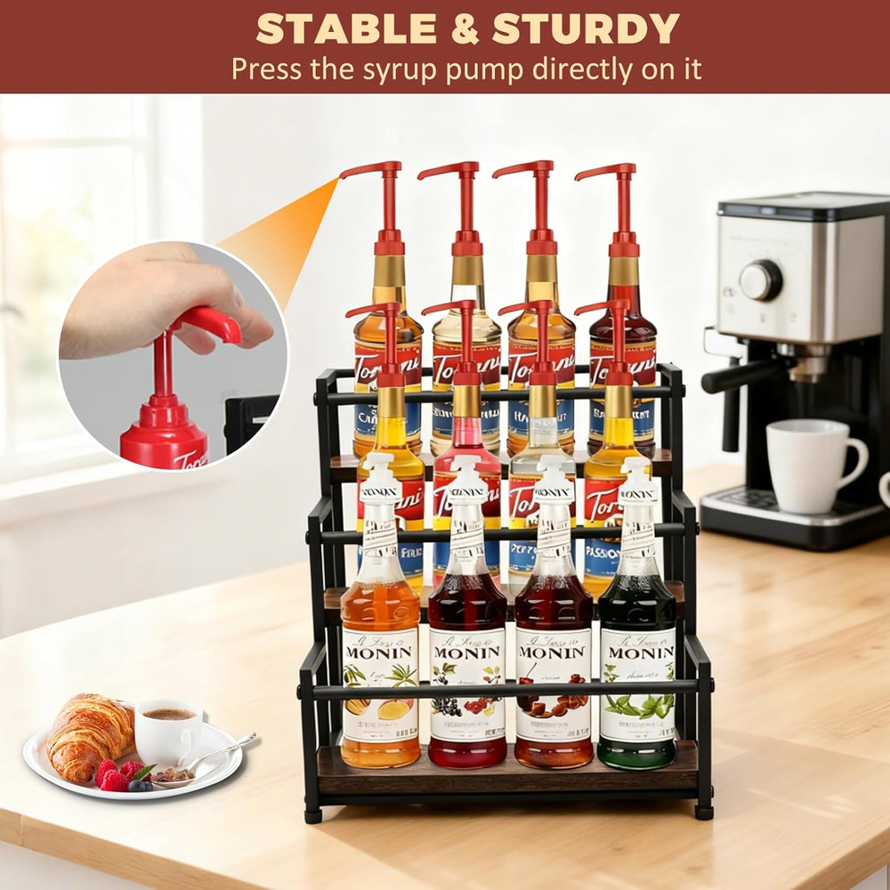 Coffee Syrup Rack Organizer, 3-Tier Metal Bottle Display Shelf, Holds 12 Bott...
