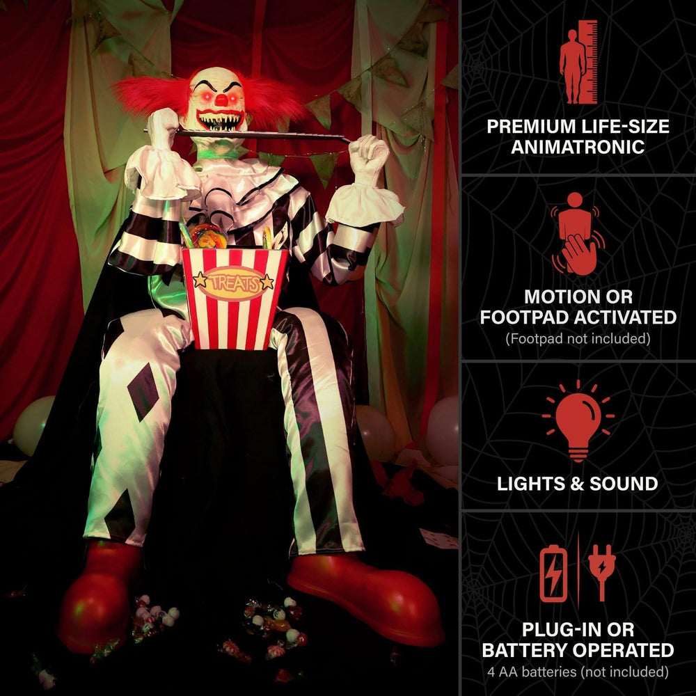 Haunted Hill Farm 4.1-Ft. Candy Clown Animatronic with Saw Halloween Decor
