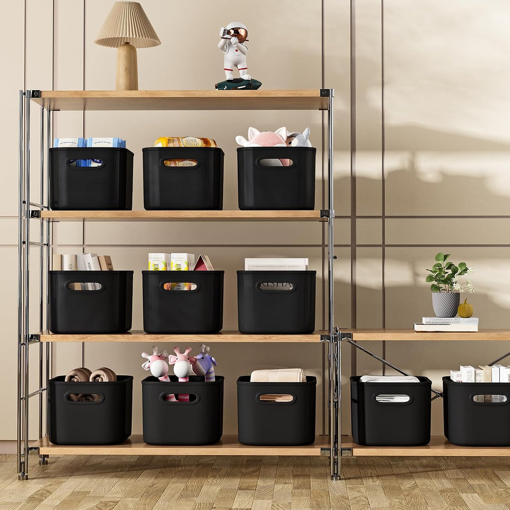 12 Pack Black Storage Bins for Shelves, Plastic Storage Containers for Organi...