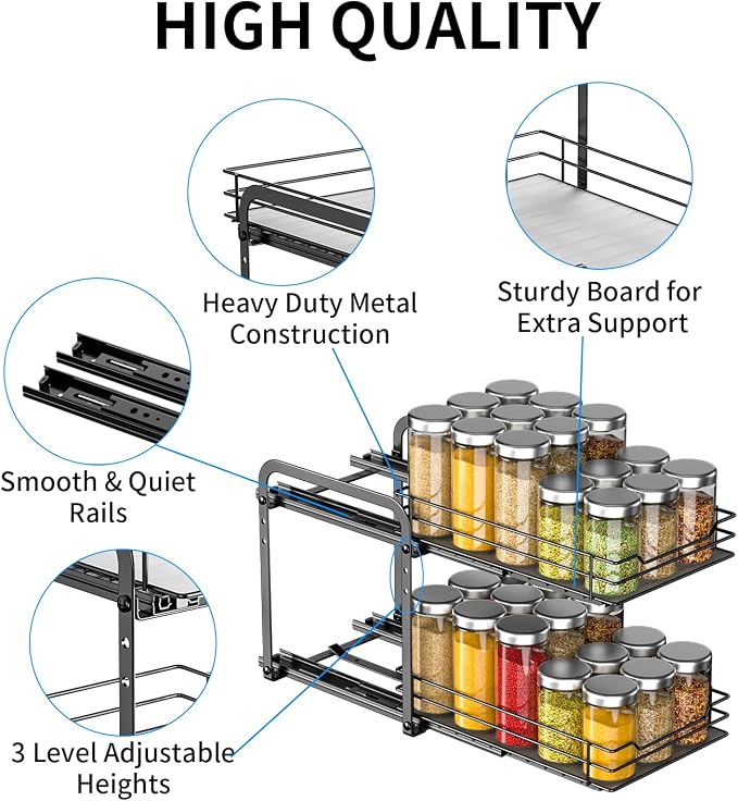 RCHYFEED Spice Rack, 2 Tier Pull out Cabinet Spice Organizer, Height Adjustable