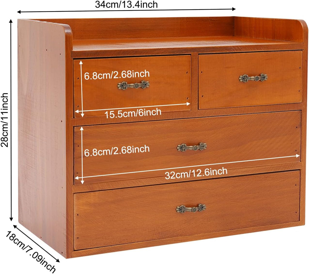 Wood Desktop Organizer with 4 Drawers Countertop Desk Storage Cabinet Retro W...