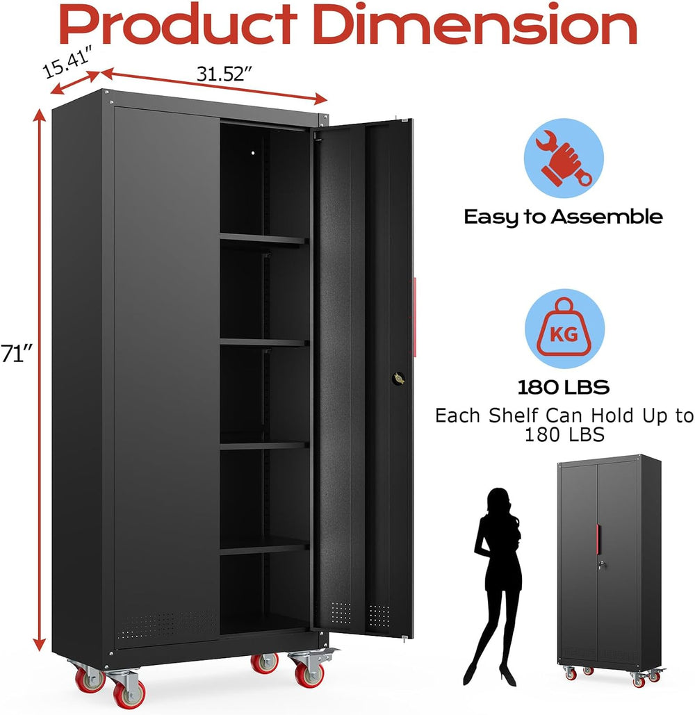 LMTC 71" H Garage Storage Cabinet with 4 Adjustable Shelves and Wheels, ...