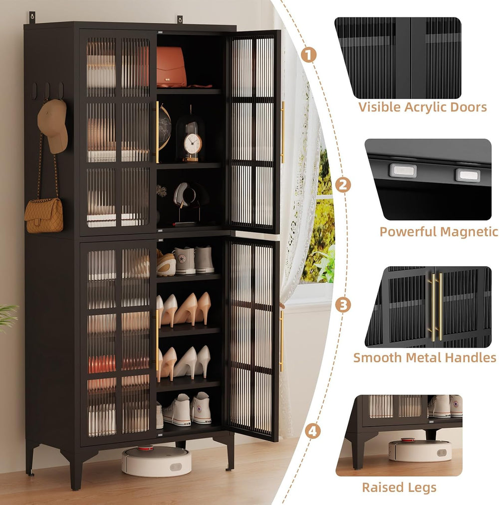 8-Tier 65" Tall Metal Shoe Cabinet with 4 Acrylic Doors