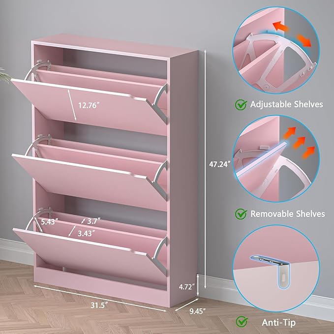Shoe Cabinet with 3 Flip Drawers, Hidden Wood Shoe Cabinet, Freestanding Shoe