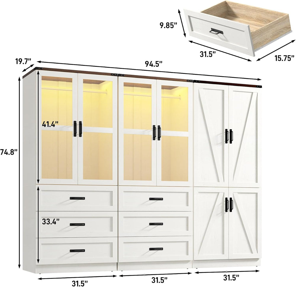 75" Tall Farmhouse 6 Doors Armoire Wardrobe Closet with 3 Drawers and LE...