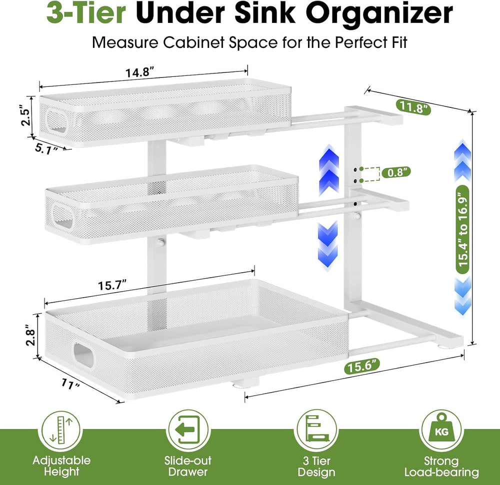 Under Sink Organizer 3 Tier, 2 Pack L-Shaped Pull-Out Cabinet Organizer with ...