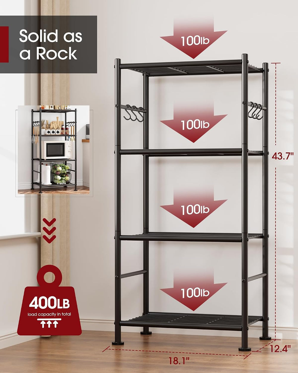 4-Tier Storage Shelves with Hooks, 18.1" x 12.4" x 43.7", Black