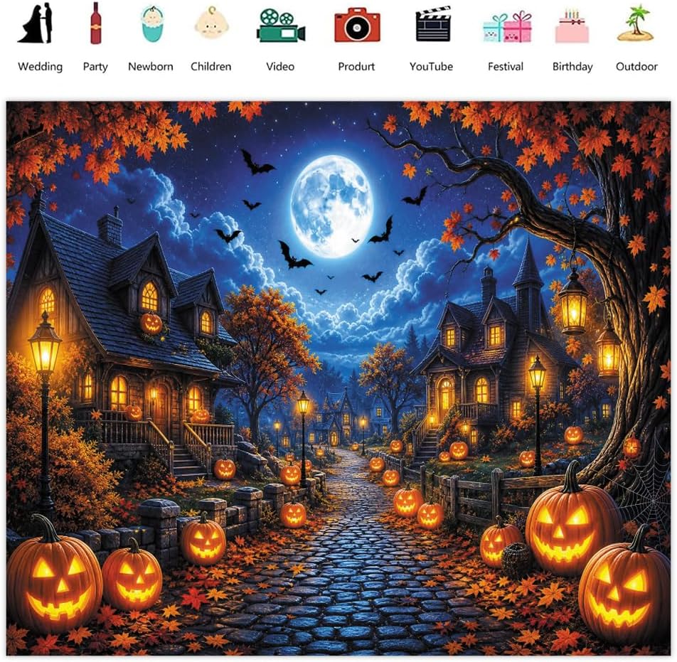 Happy Halloween Backdrop 10x8ft Full Moon Night Scary Street Background