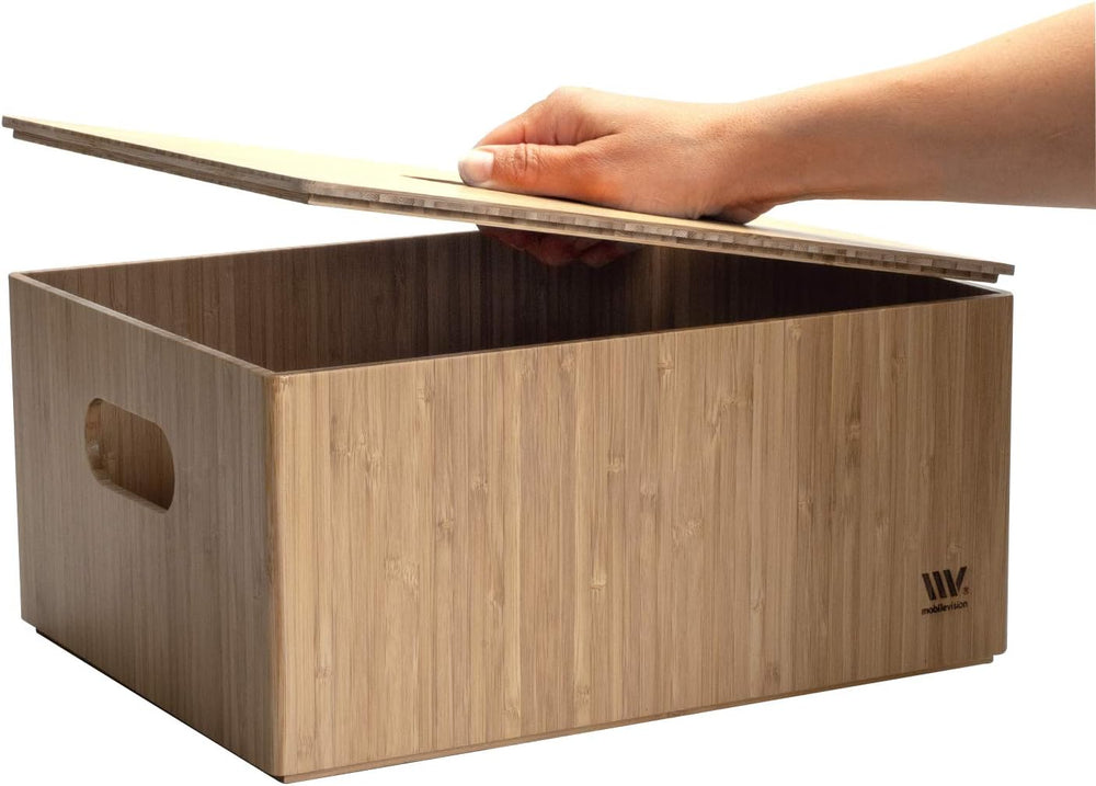MobileVision Bamboo Storage Box PLUS LID COMBO, 12”x 9”x 6”, Durable Bin w/Ha...