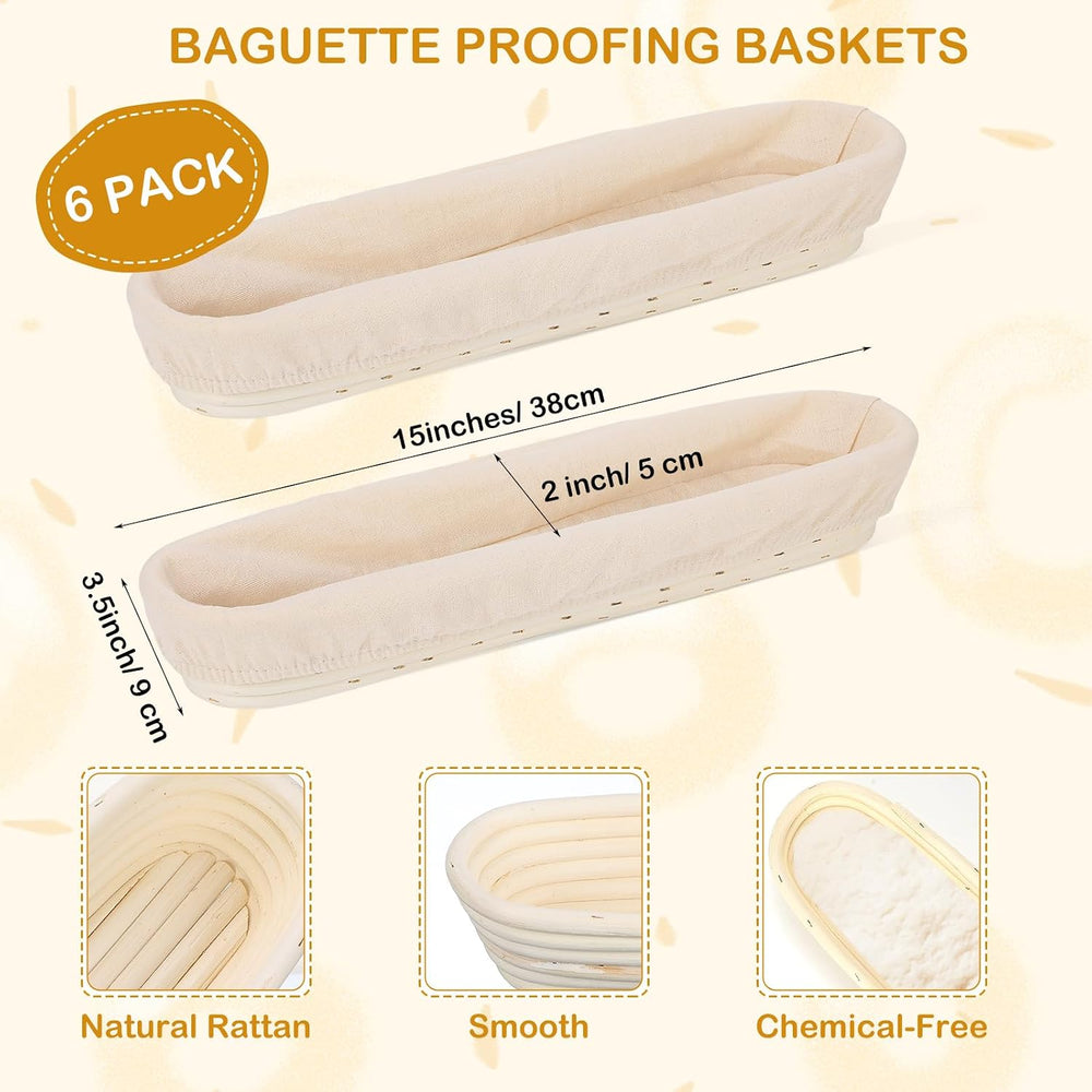Vesici 15 Inches Baguette Banneton Proofing Basket 6 Pack with Linen Liner Ba...