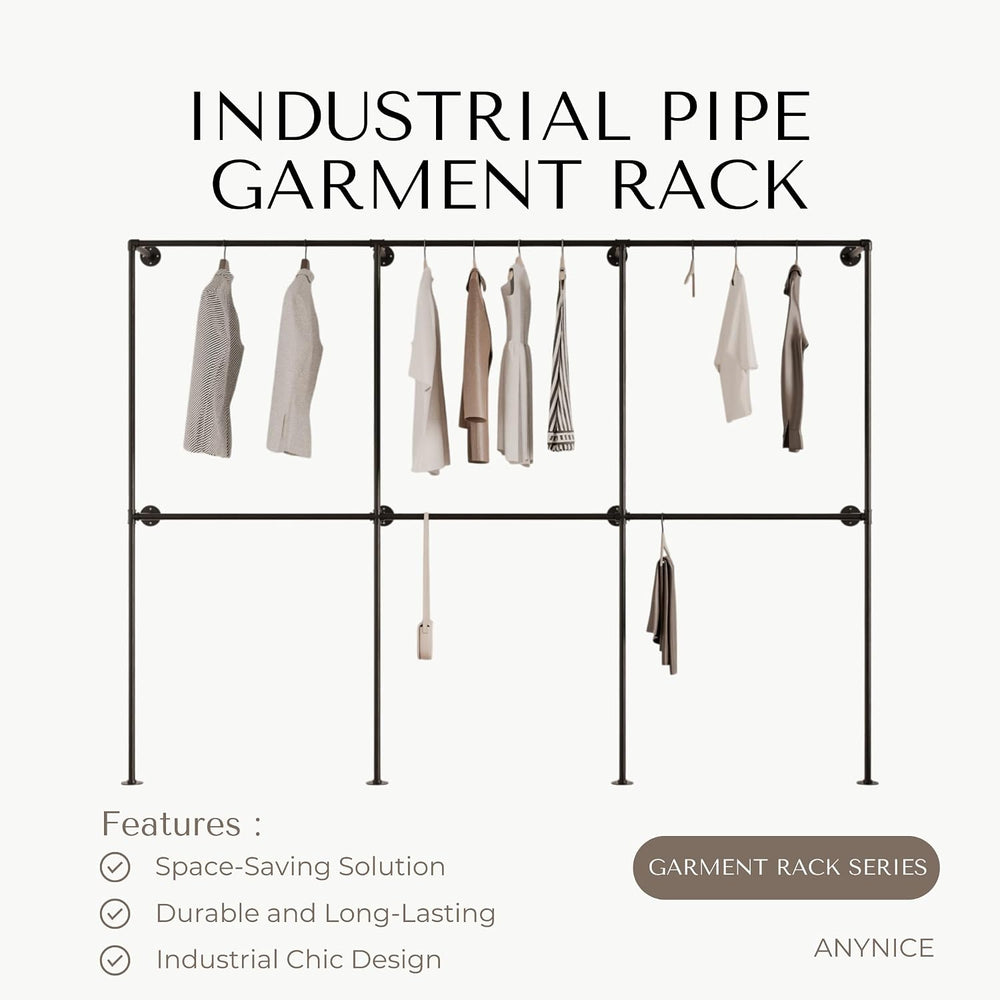 Industrial Pipe Clothing Rack, Wall Mounted Clothes Rack, 110", 6 Rods