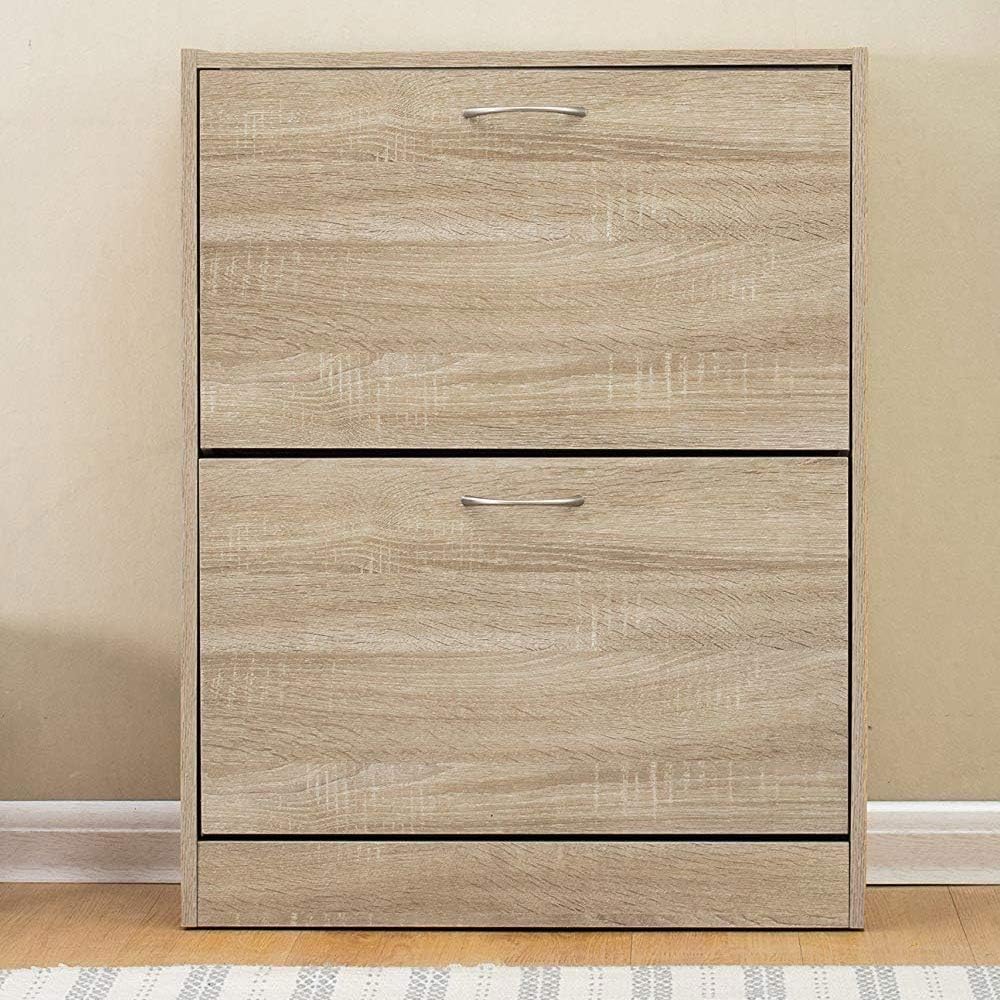 BAKAJI Shoe Rack Space Saving Melamine Wood with 2 Folding Doors and Double D...