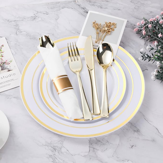 BESTVIP 175PCS Gold Plastic Dinnerware Set, Disposable Party Plates for 25 Gu...