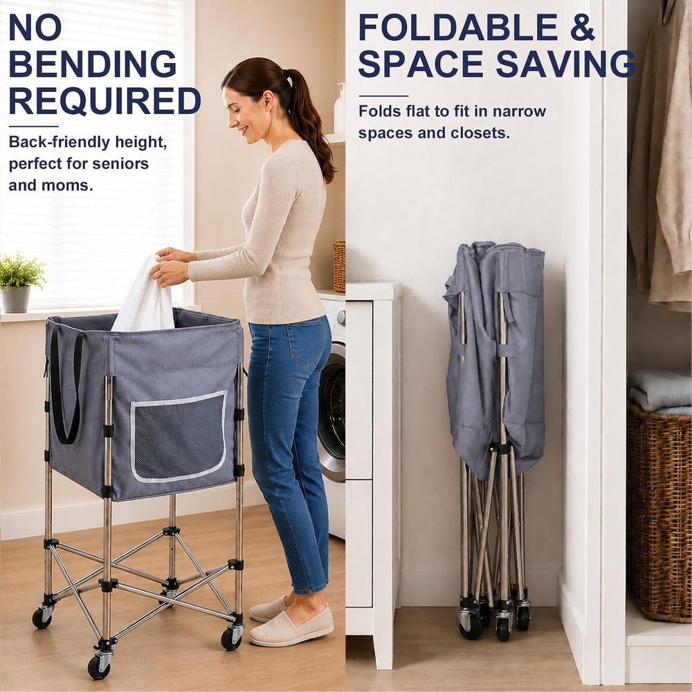 Laundry Basket with Wheels, 35.9" No-Bend Rolling Hamper, Grey
