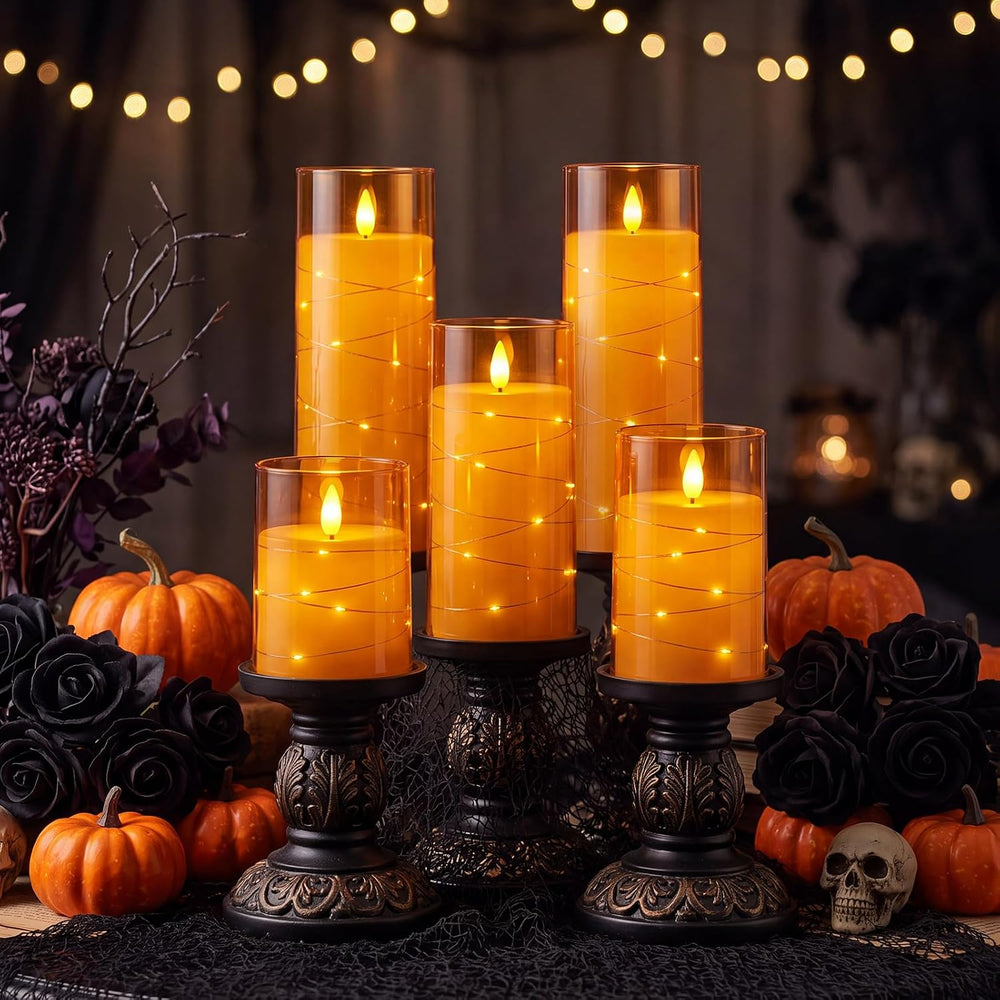 Homemory Halloween Flameless Candles, Orange LED Pillar Candles, Fall Decor