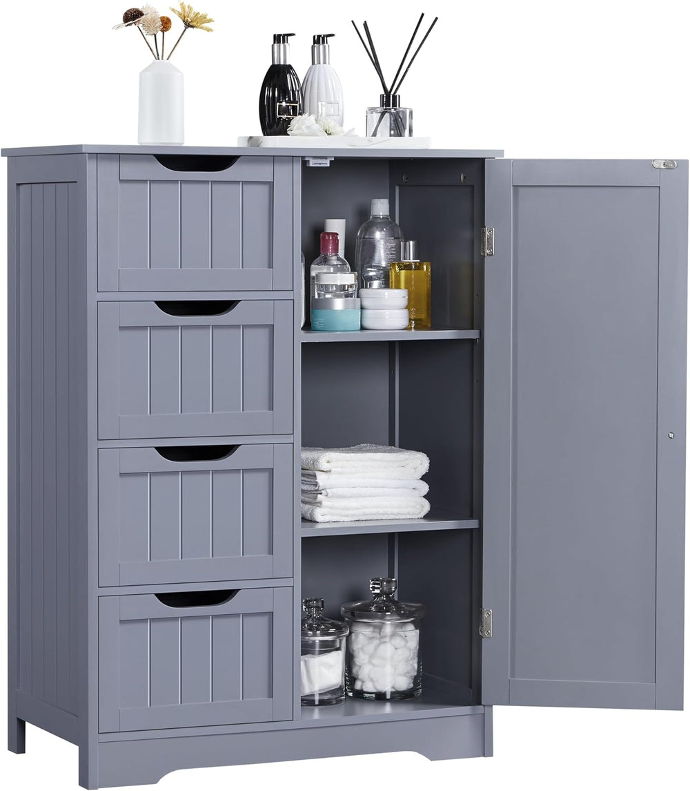 Yaheetech Bathroom Storage Cabinet with 4 Beadboard Drawers and Door, Gray