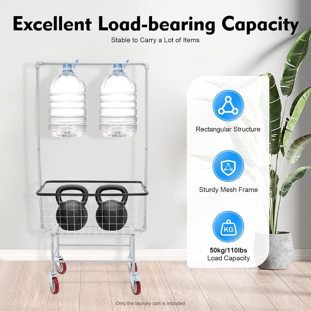 Wire Laundry Cart With Hanging Rack, 2.5 Bushel Wire Laundry Basket with Whee...