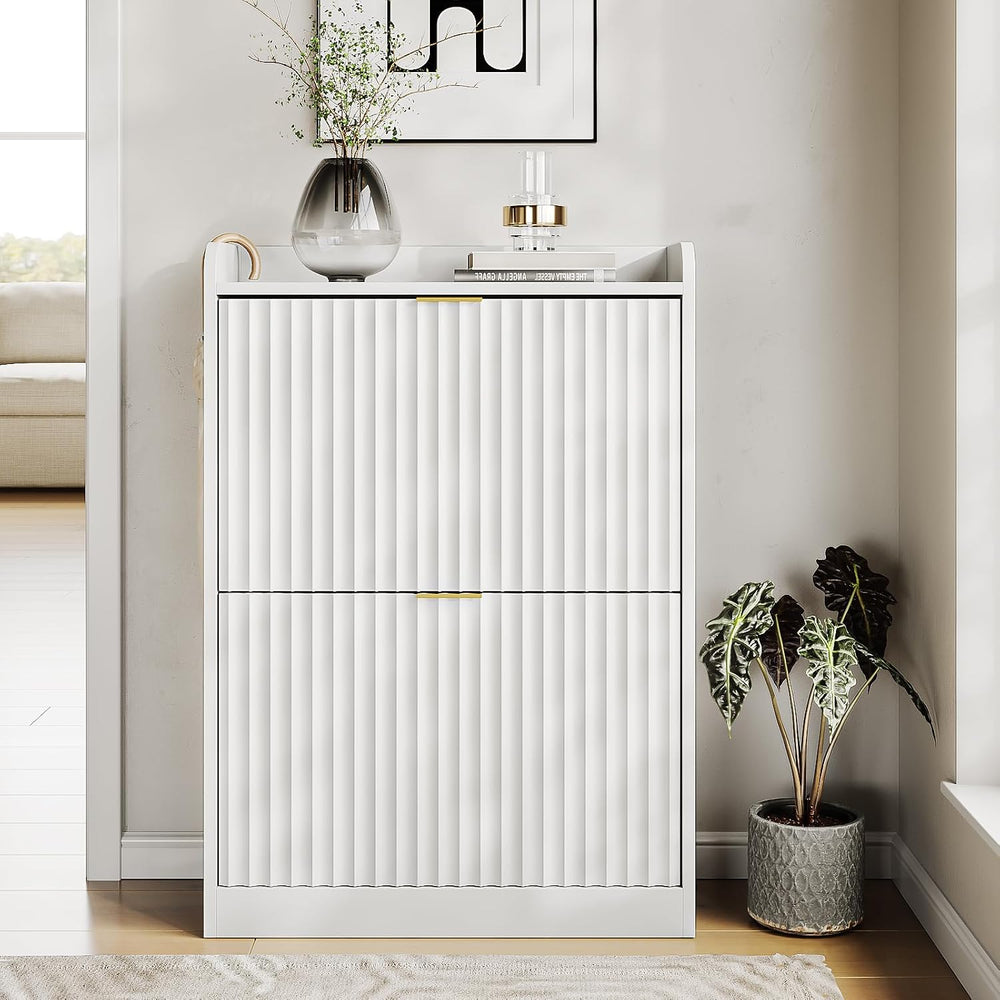 White Fluted Shoe Cabinet, Narrow Entryway Storage Rack Organizer