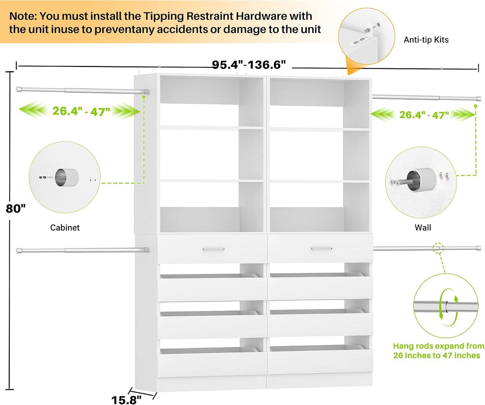 Aheaplus Closet System with 8 Drawers, 6-15Ft Custom Wood Closet Organizer