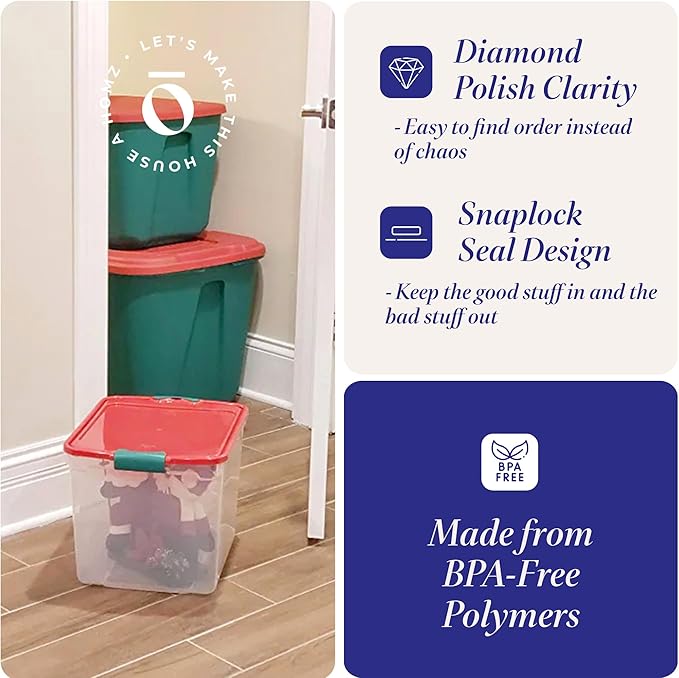HOMZ 4-Pack Holiday Tote, Plastic Storage Organizer Bins