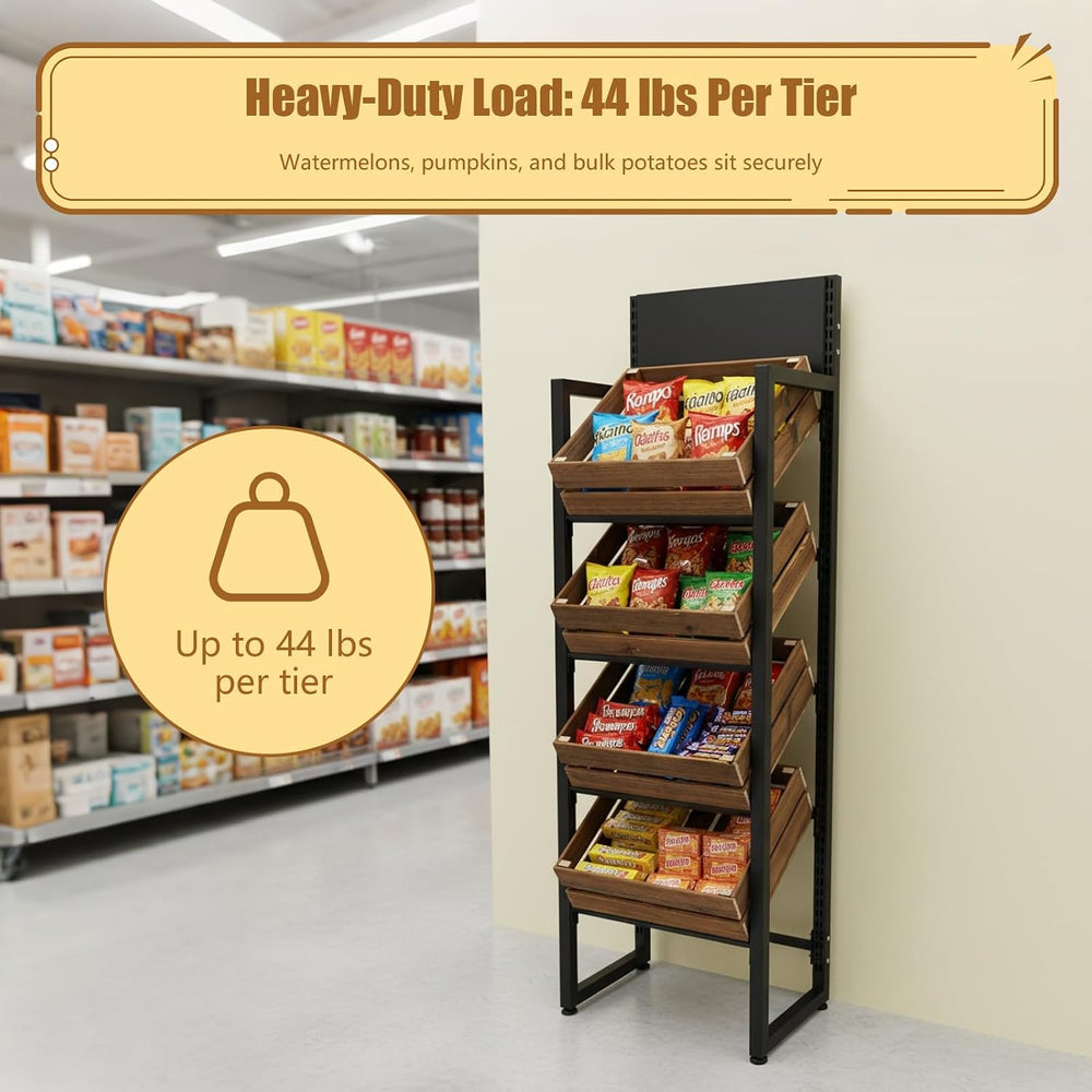 4-Tier Wood Fruit Vegetable Storage Basket Stand, Market Retail Display Rack ...