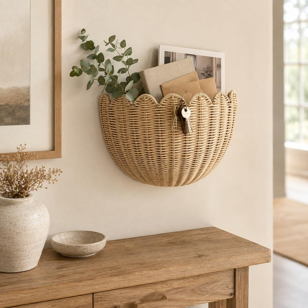 Set of 2 Scalloped Hanging Wicker Baskets for Wall, Scalloped Home Decor, Han...