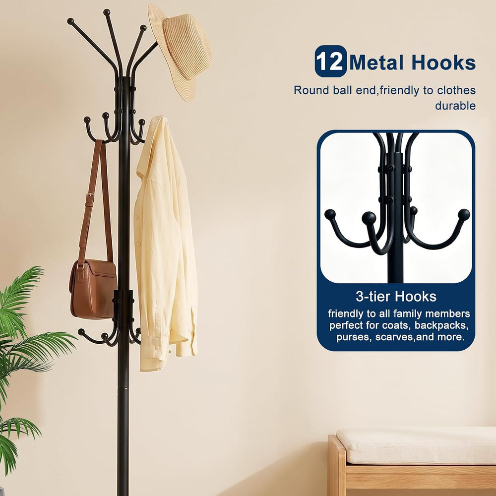 Freestanding Coat Rack, 12 Hook, Black Coat Stand with Wood Base