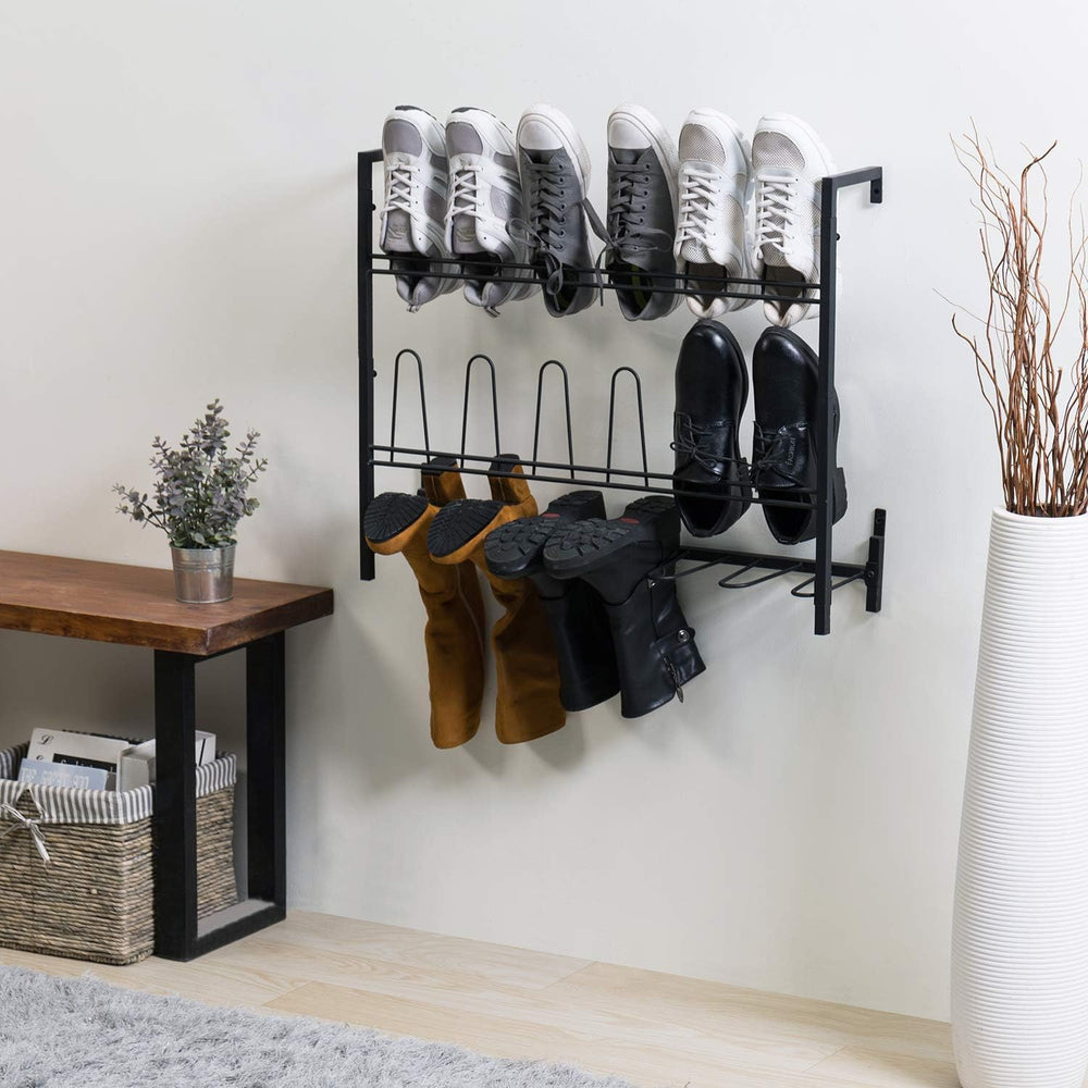 MyGift Black Metal Wall Mounted Shoe Rack Organizer, Holds 9 Pairs