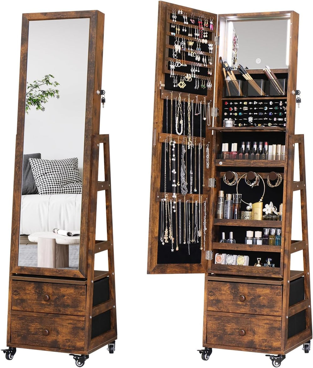 Rotating Jewelry Cabinet with Vanity Mirror Jewelry Armoire Lockable