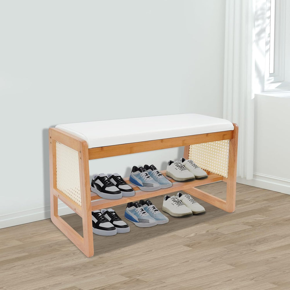 Shoe Rack Bench with Cushion, 2Tier Shoe Organizer Bench Seat for Entryway, R...