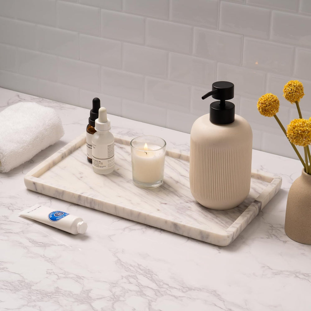 Marble Tray for Bathroom Vanity, White, Large 13 x 7.5 Inch
