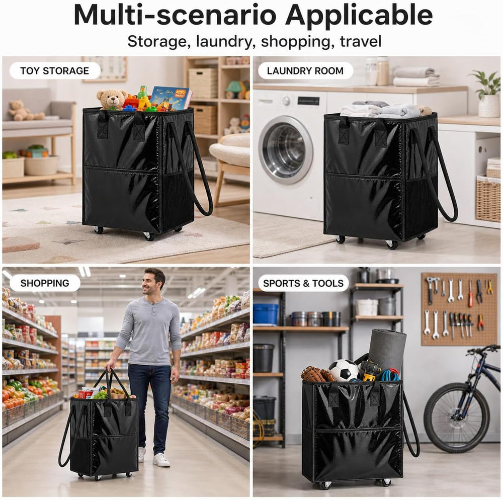 Rolling Grocery Bag on 4 Wheels,18 Gallon Foldable Tote Bag with 4 Handles