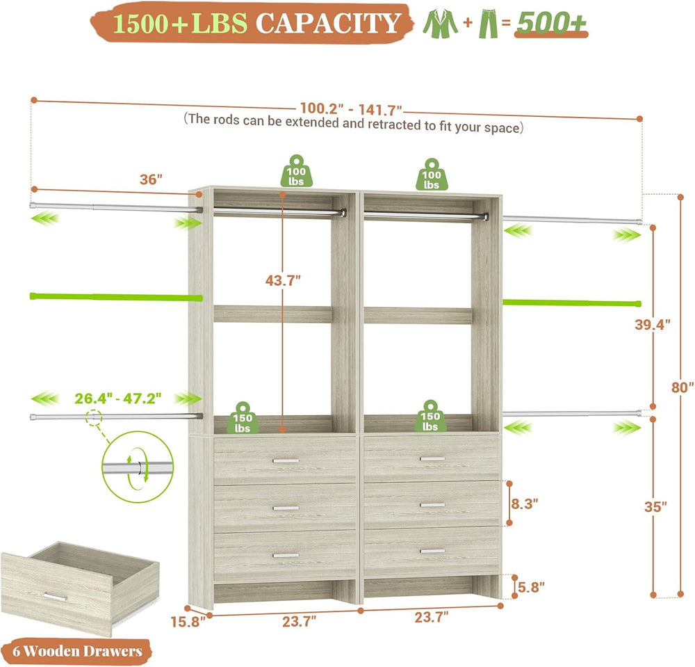 Aheaplus Closet System with Drawers and Rods, Set of 2，White Oak