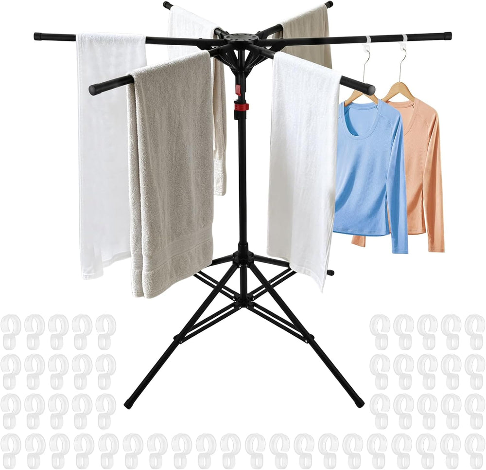 4-Leg Clothes Drying Rack with Adjustable Poles Windproof Hooks Sock Clips Fo...